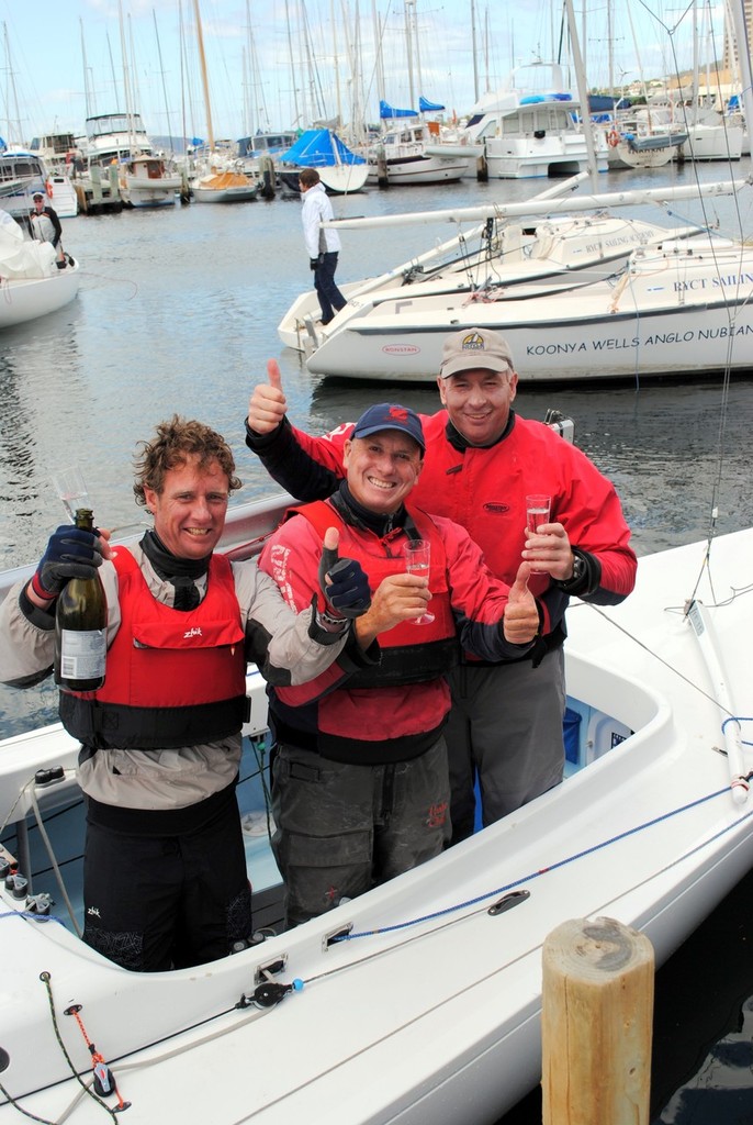 Prince Philip Cup champions aboard Karabos IX,  bowman Simon Burrows, helmsman Nick Rogers and mainsheet trimmer Leigh Behren - Prince Philip Cup Regatta 2012 © Rob Cruse